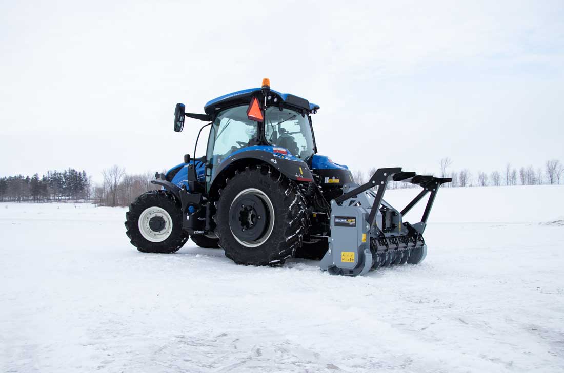 Tractor mulcher front hydraulic door closed