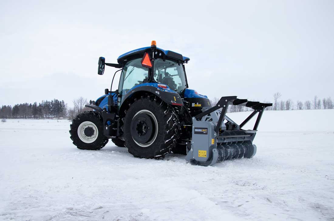 Tractor mulcher front hydraulic door open