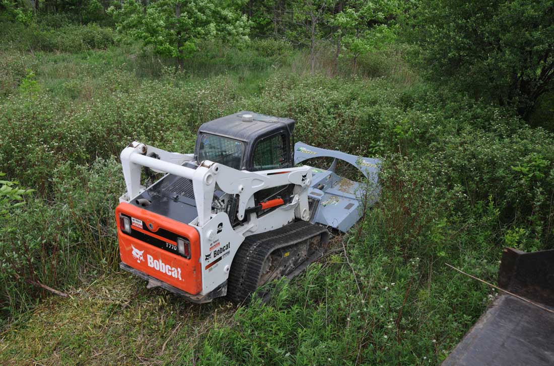 Baumalight CF572 BrushCutt on Bobcat skidsteers clearing heavy brush