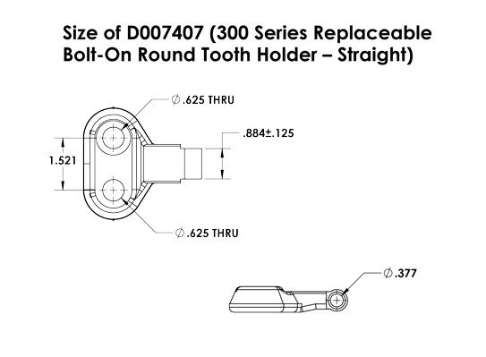 D007407 300 Series straight round tooth holder dimension diagram for stump grinder