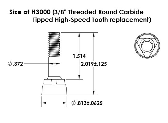 H3000 3/8 inch threaded round carbide tipped high-speed tooth dimension diagram for stump grinder