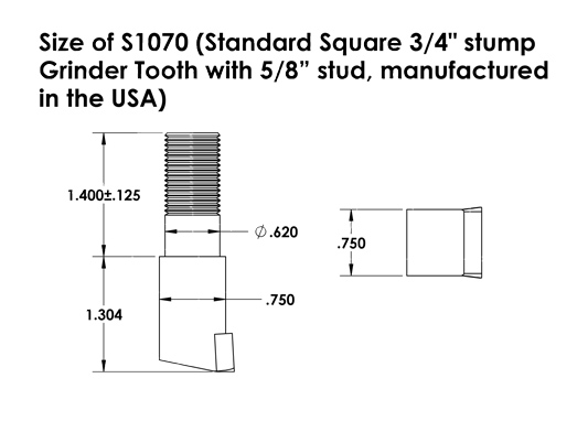 Standard Square 3/4'' stump Grinder Tooth with 5/8'' stud, manufactured in the USA